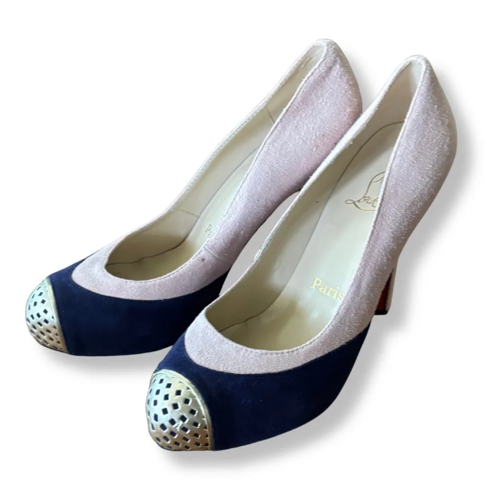 Christian Louboutin Navy and Blush Suede Pumps with Gold Cap-Toe
